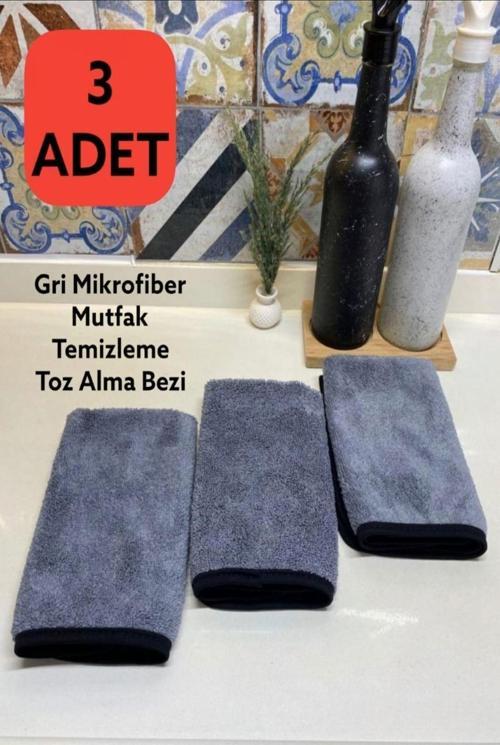( 3 Adet ) Yüksek Emici Gri Mikrofiber Mutfak Temizleme ,Toz Alma Ve Tezgah Bezi 40X40Cm