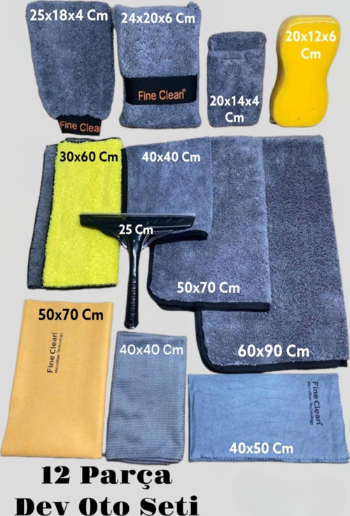 (12 Parça Dev Oto Seti) Mikrofiber Oto Yıkama Temizleme Araç Kurulama Bez ,Eldiven Sünger Araba Seti