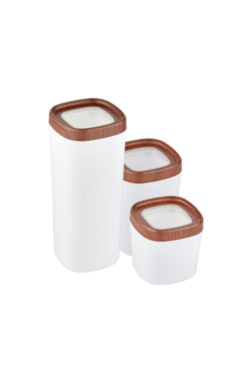 Bonny Erzak Saklama Kabı 3Lü Set Ahşap Kaplama Kapak Renkli Hazne 1,8Lt - 1Lt - 600Ml Koyu Ahşap
