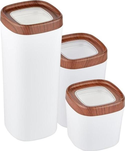 Bonny Erzak Saklama Kabı 3Lü Set Ahşap Kaplama Kapak Renkli Hazne 1,8Lt - 1Lt - 600Ml Koyu Ahşap