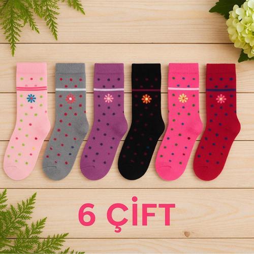 6 Çift Renkli Çocuk Çorabı – Kız Çocuk Pamuklu Soket Çorap Seti