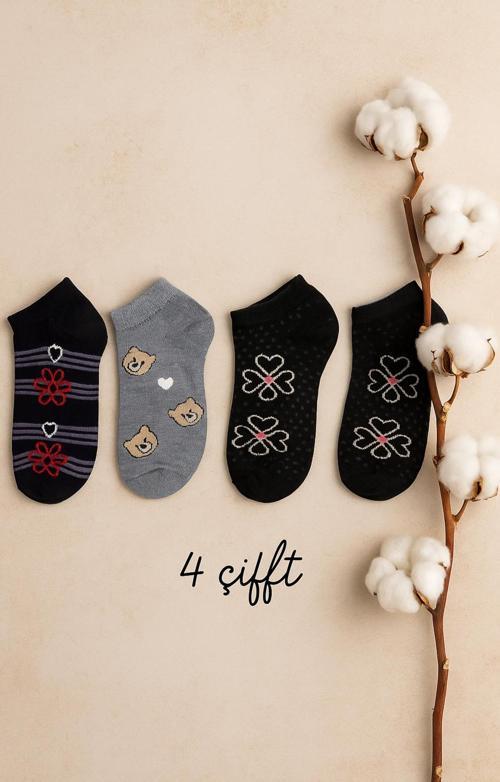 Kadın Patik Çorap 4 Çift Pamuklu Desenli Renkli Çorap Seti