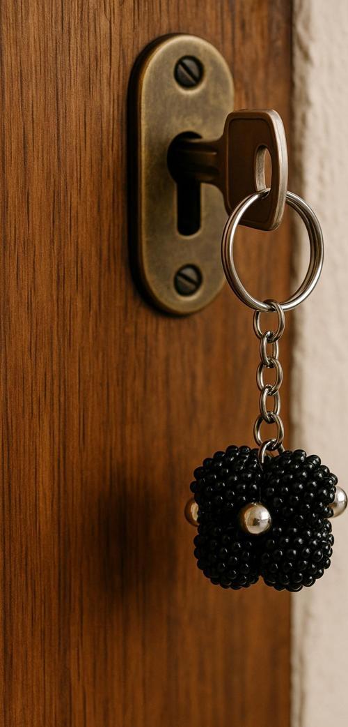 Siyah Boncuklu Küp Tasarım Anahtarlık – Metal Halkalı Şık Anahtarlık