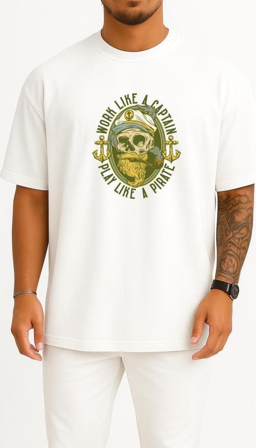 Oversize Work Like A Captain Göğüs Tasarımlı Unisex T-Shirt