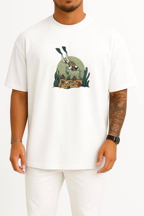 Oversize Skeleton Scuba Diver Göğüs Tasarımlı Unisex T-Shirt