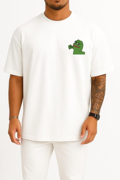 Oversize Pepe The Frog İllustration, Pepe Coin The Frog Cep ve Sırt Tasarımlı Unisex T-Shirt