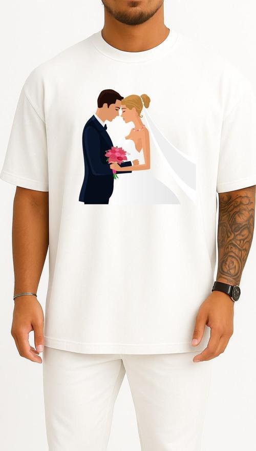 Oversize Bridegroom Marriage Wedding İnvitation Göğüs Tasarımlı Unisex T-Shirt