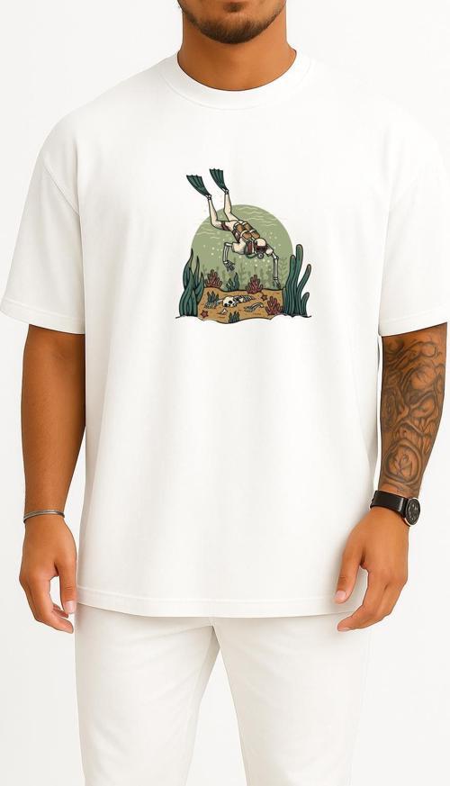 Oversize Skeleton Scuba Diver Göğüs Tasarımlı Unisex T-Shirt