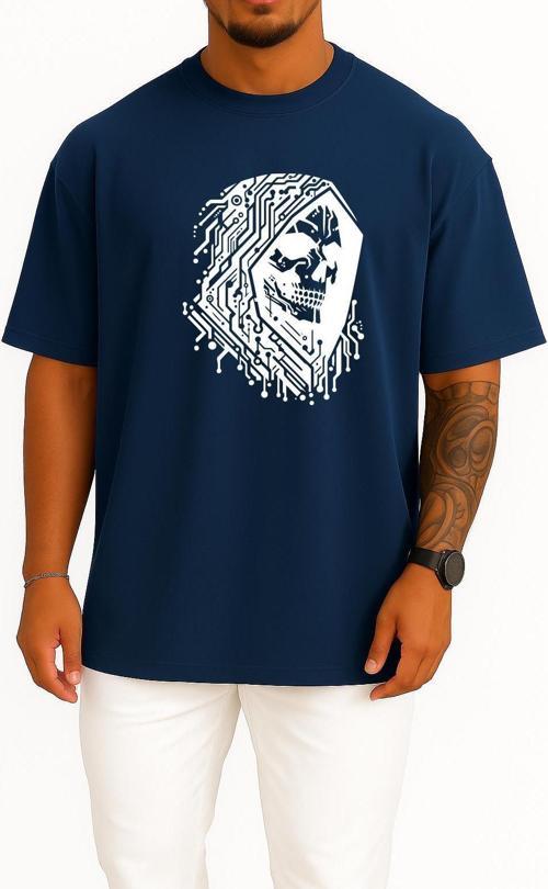 Oversize Hacker Skull Göğüs Tasarımlı Unisex T-Shirt
