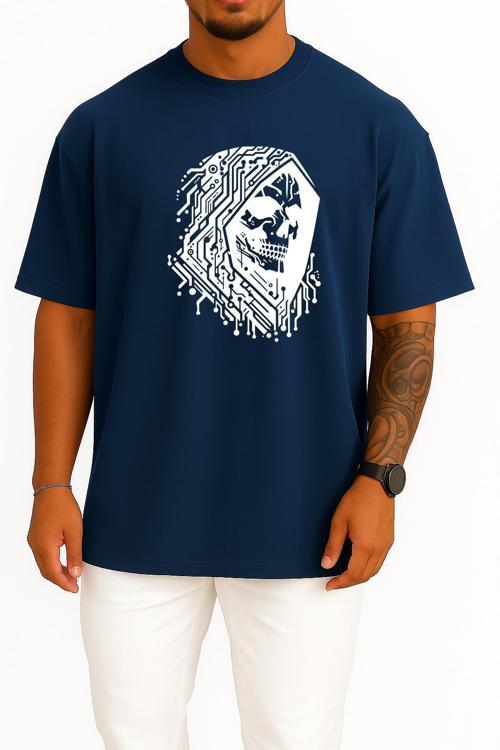 Oversize Hacker Skull Göğüs ve Sırt Tasarımlı Unisex T-Shirt
