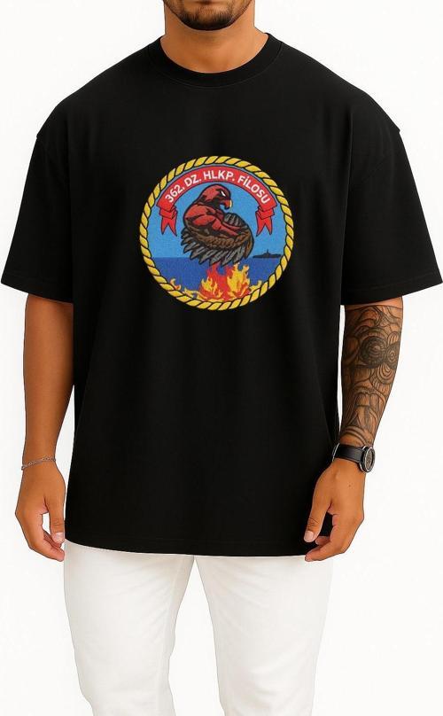 Oversize 362 Deniz Helikopter Filosu Deniz Hava Komutanlığı Göğüs Tasarımlı Unisex T-Shirt