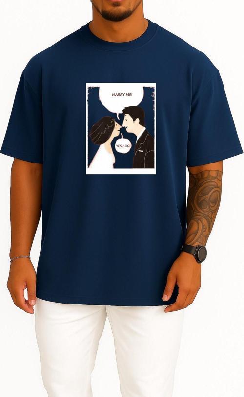 Oversize Benimle Evlen - Evet Evlenicem Göğüs Tasarımlı Unisex T-Shirt
