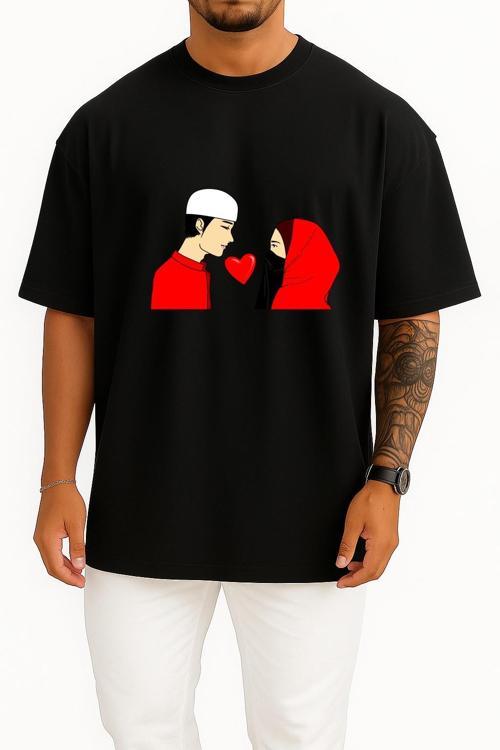 Oversize Quran Islam Muslim Wife Husband Göğüs Tasarımlı Unisex T-Shirt