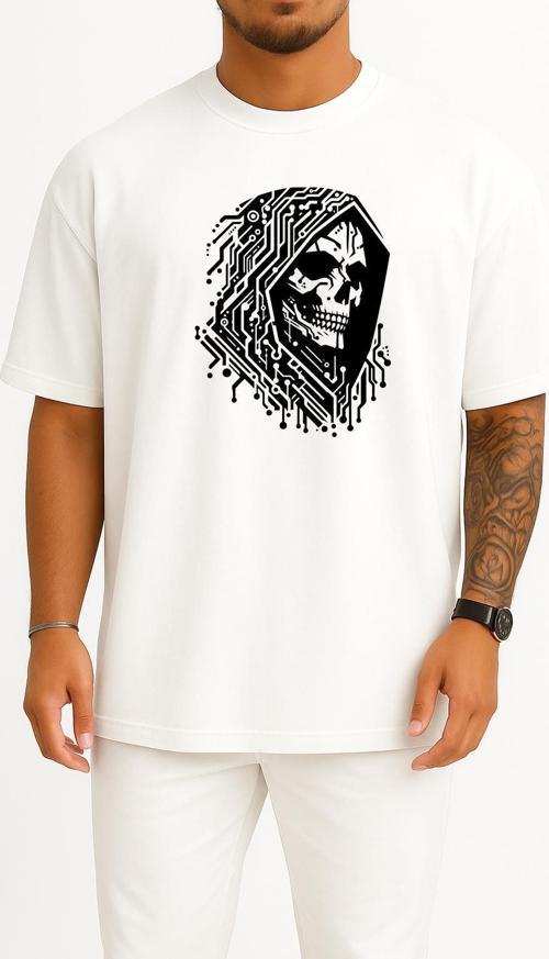 Oversize Hacker Skull Göğüs Tasarımlı Unisex T-Shirt