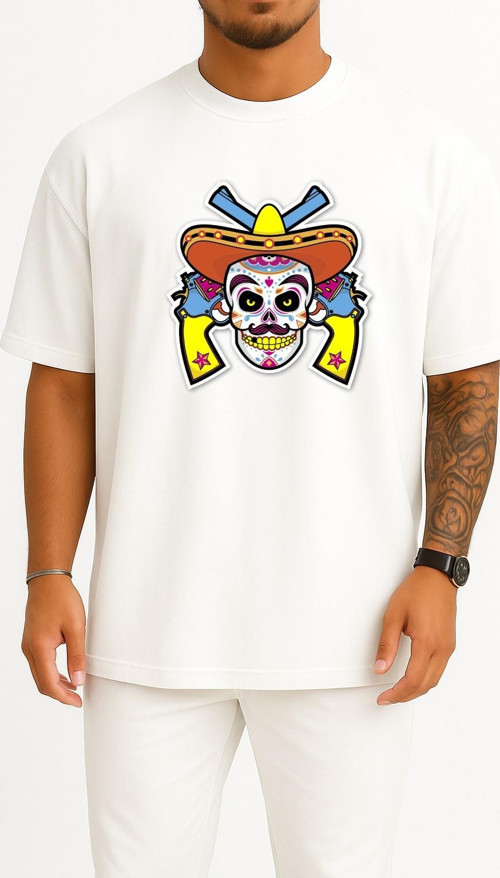 Oversize Mexican Cuisine Calavera Sticker Skull Decal Göğüs Tasarımlı Unisex T-Shirt