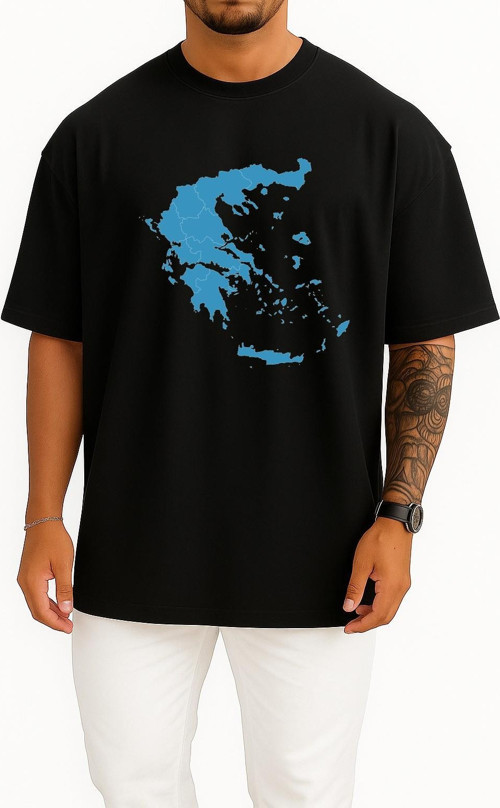 Oversize Yunanistan Haritası Ve Adalar Göğüs Tasarımlı Unisex T-Shirt