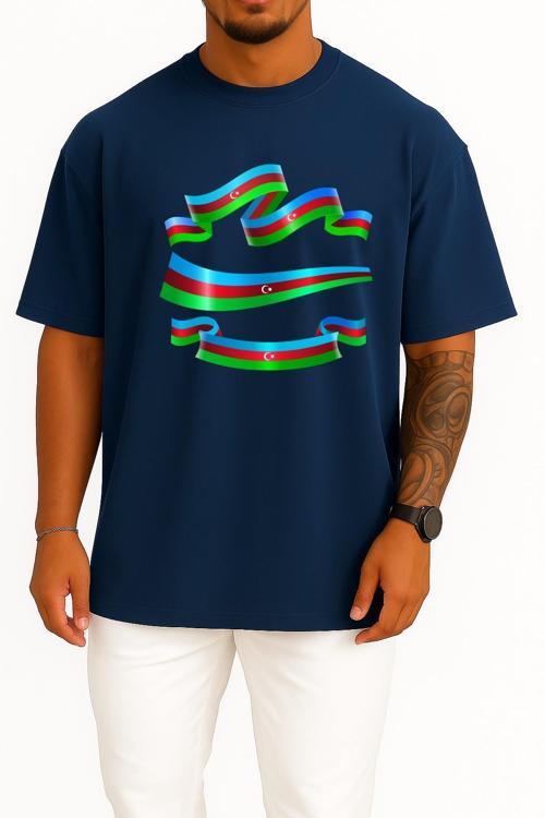Oversize Azerbaycan Bayrağı Göğüs Tasarımlı Unisex T-Shirt