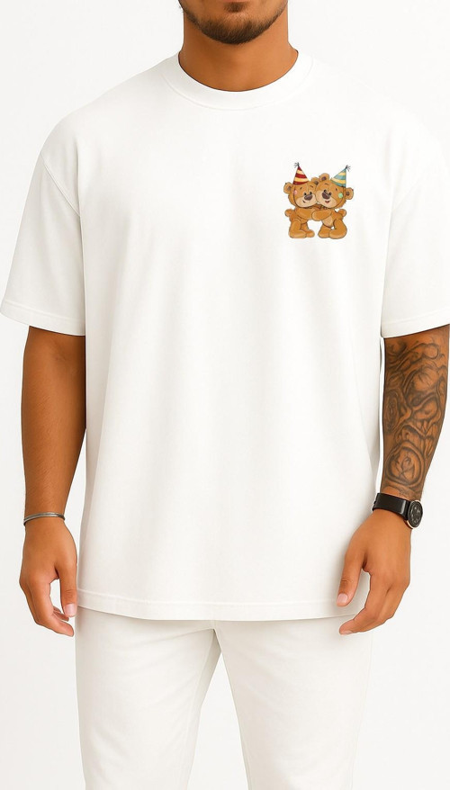 Oversize Teddy Bear Party Birthday Illustration Cep ve Sırt Tasarımlı Unisex T-Shirt