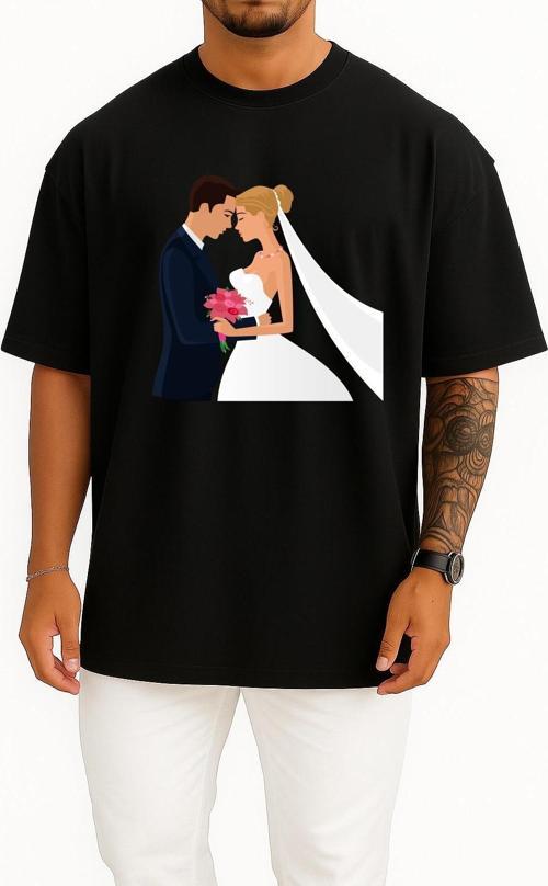Oversize Bridegroom Marriage Wedding İnvitation Göğüs Tasarımlı Unisex T-Shirt