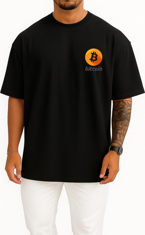 Oversize Logo Bitcoin Graphics Dark Web Bmp File Format Cep ve Sırt Tasarımlı Unisex T-Shirt