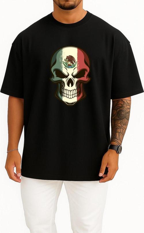 Oversize Flag Of Mexico Calavera Skull Decal Göğüs Tasarımlı Unisex T-Shirt
