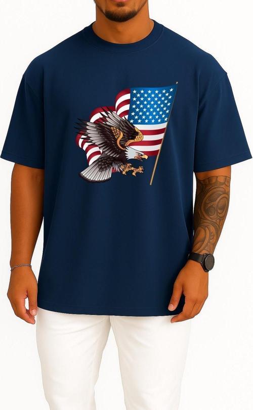 Oversize Flag Of United States And American Eagle Göğüs Tasarımlı Unisex T-Shirt