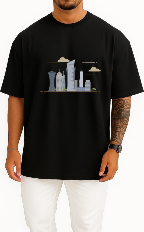 Oversize İllustration Of High-Rise Buildings Qatar Göğüs Tasarımlı Unisex T-Shirt