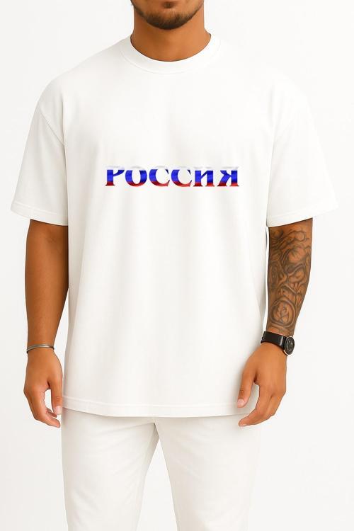 Oversize Russia Day Flag Of Russia Word Holiday Göğüs Tasarımlı Unisex T-Shirt