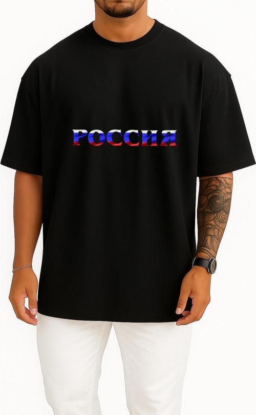 Oversize Russia Day Flag Of Russia Word Holiday Göğüs Tasarımlı Unisex T-Shirt