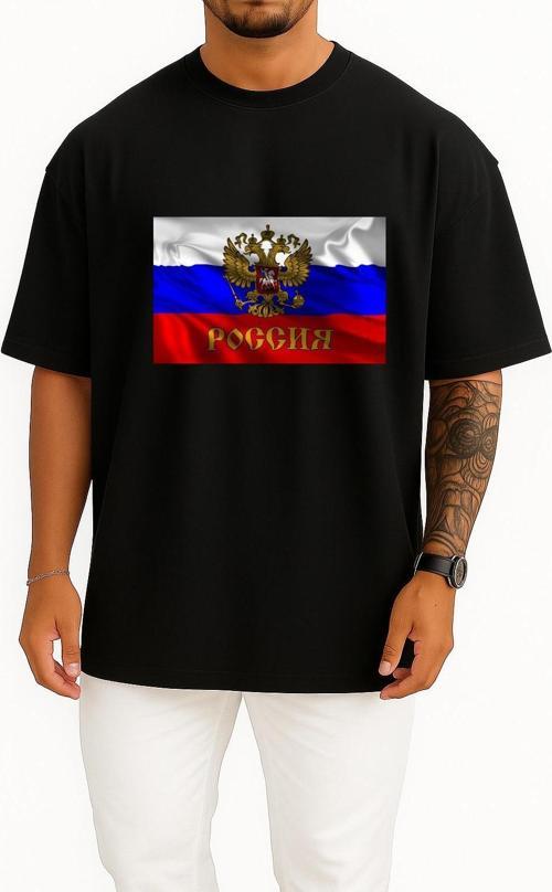 Oversize Russian Empire Flag Of Russia Coat Of Arms Of Russia Göğüs Tasarımlı Unisex T-Shirt