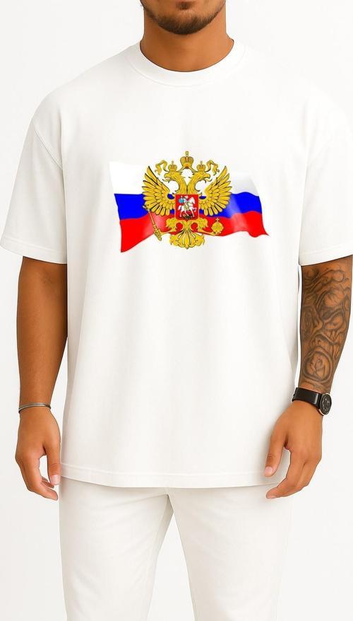 Oversize Coat Of Arms Of Russia Flag Russia Day Göğüs Tasarımlı Unisex T-Shirt