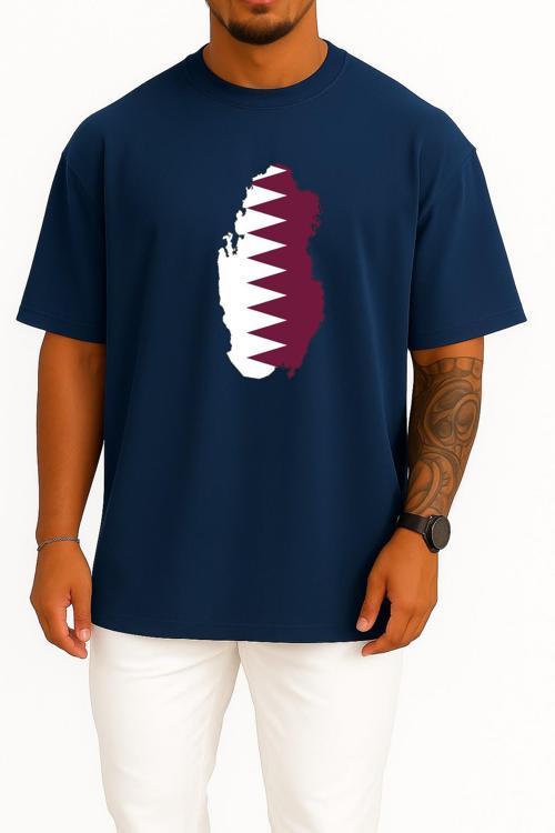 Oversize Katar - Qatar Bayrağı Göğüs Tasarımlı Unisex T-Shirt
