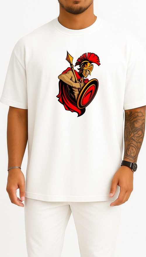 Oversize Spartan Army Ancient Greece Trojan War Göğüs Tasarımlı Unisex T-Shirt