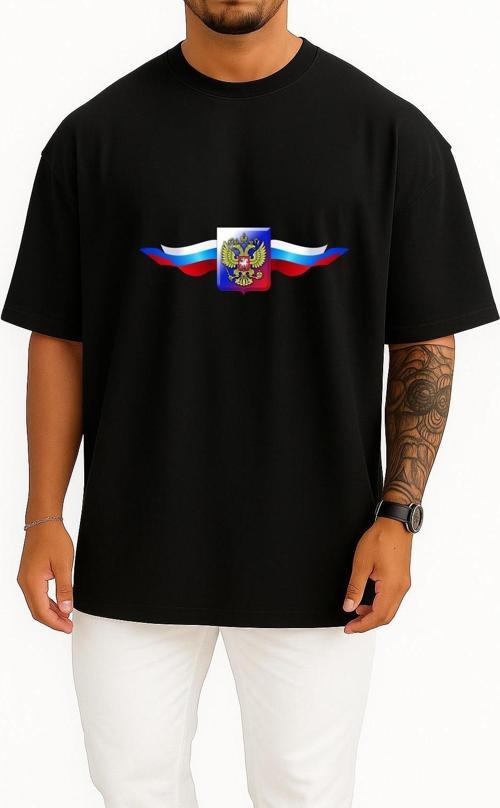 Oversize Multicolored Russia Coat Of Arms Logo Göğüs Tasarımlı Unisex T-Shirt