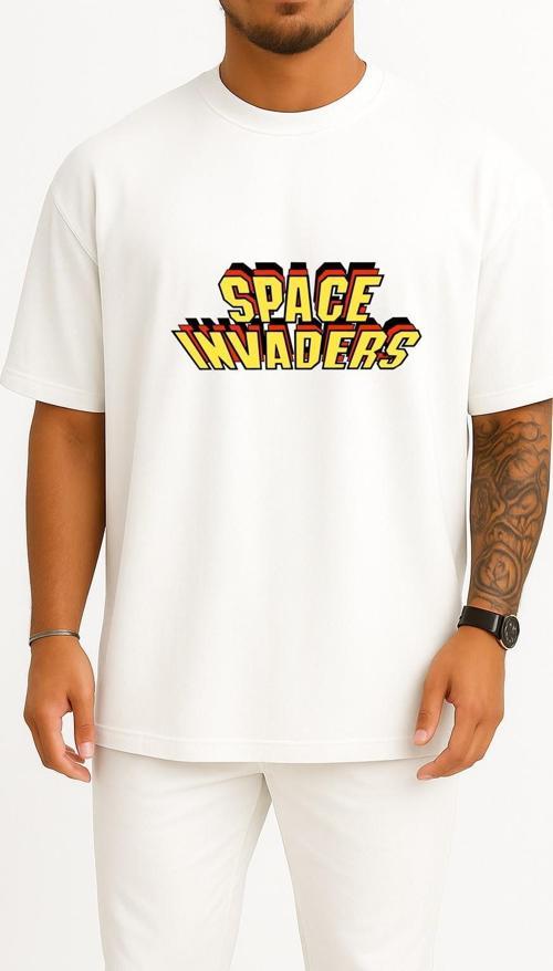 Oversize Space Invaders Video Game Göğüs Tasarımlı Unisex T-Shirt