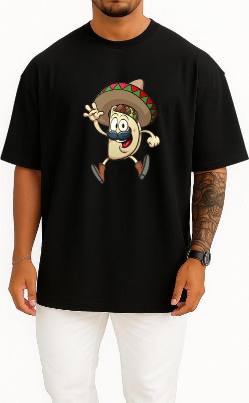 Oversize Taco Mexican Cuisine Cartoon Göğüs Tasarımlı Unisex T-Shirt