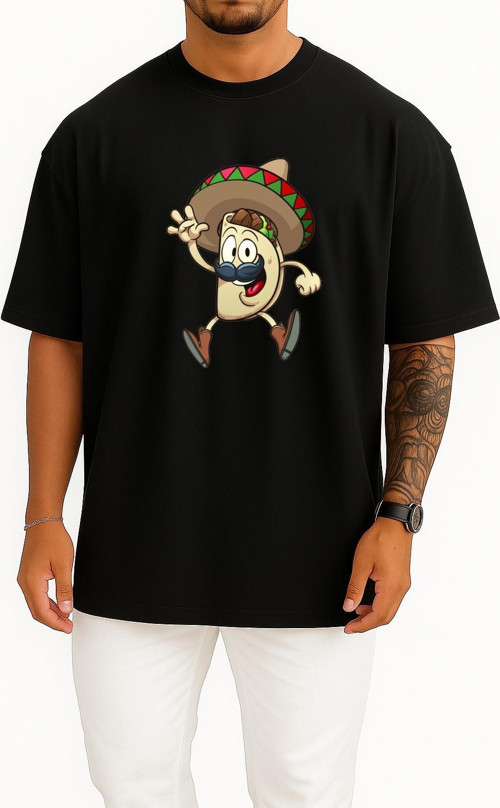 Oversize Taco Mexican Cuisine Cartoon Göğüs Tasarımlı Unisex T-Shirt