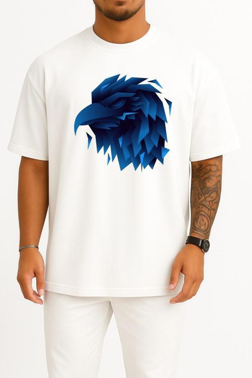Oversize Mavi Animasyon Kartal Göğüs Tasarımlı Unisex T-Shirt