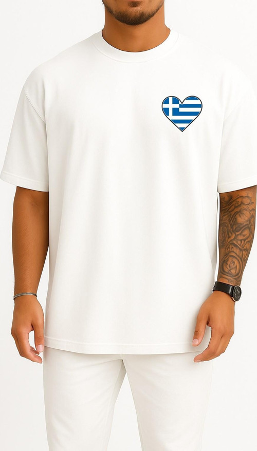 Oversize Flag Of Greece Graphy, Greece Cep ve Sırt Tasarımlı Unisex T-Shirt