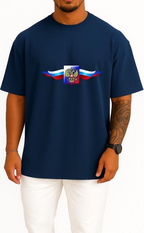 Oversize Multicolored Russia Coat Of Arms Logo Göğüs Tasarımlı Unisex T-Shirt