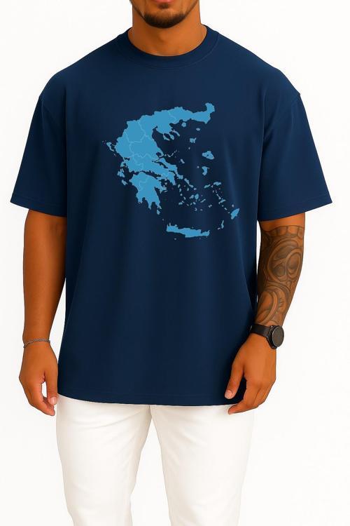 Oversize Yunanistan Haritası Ve Adalar Göğüs Tasarımlı Unisex T-Shirt