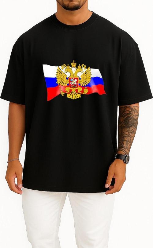 Oversize Coat Of Arms Of Russia Flag Russia Day Göğüs Tasarımlı Unisex T-Shirt