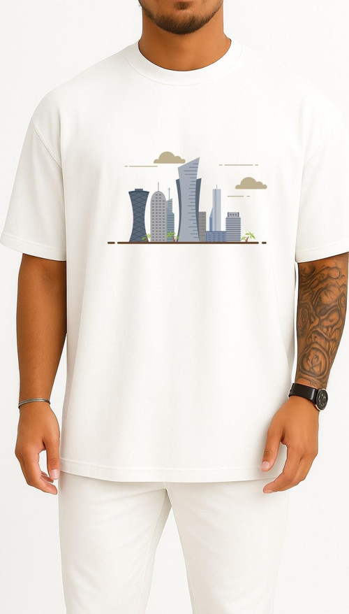 Oversize İllustration Of High-Rise Buildings Qatar Göğüs Tasarımlı Unisex T-Shirt
