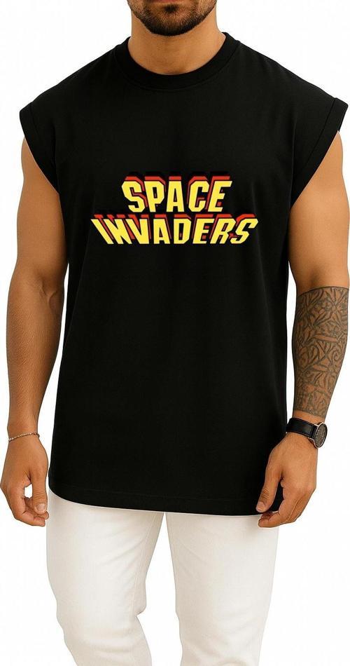 Oversize Space Invaders Video Game Göğüs Tasarımlı Atlet