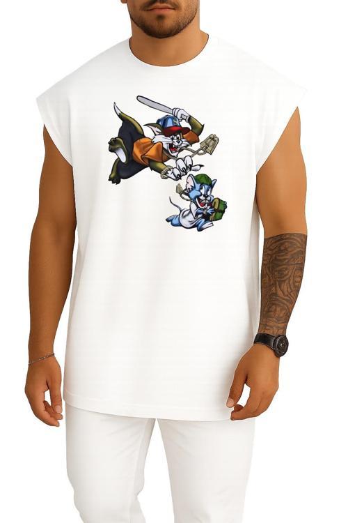 Oversize Erry Mouse Tom And Jerry Gangsta Rap Gangster Göğüs Tasarımlı Atlet