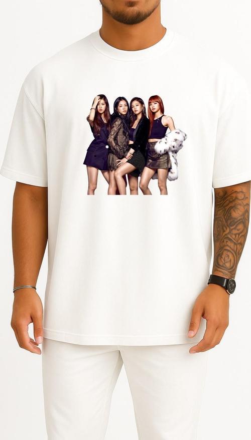 Oversize Blackpınk Magazine Gq K-Pop Elle Göğüs Tasarımlı Unisex T-Shirt