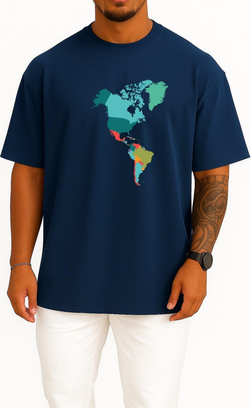 Oversize Amerika Kıtası Haritası Göğüs Tasarımlı Unisex T-Shirt