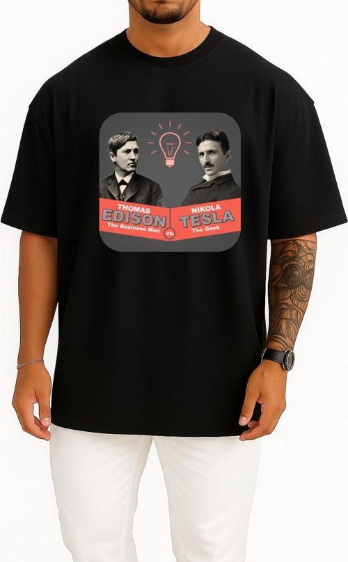 Oversize Nikola Tesla Thomas Edison War Of The Currents Göğüs Tasarımlı Unisex T-Shirt