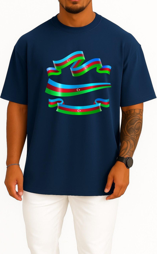 Oversize Azerbaycan Bayrağı Göğüs Tasarımlı Unisex T-Shirt