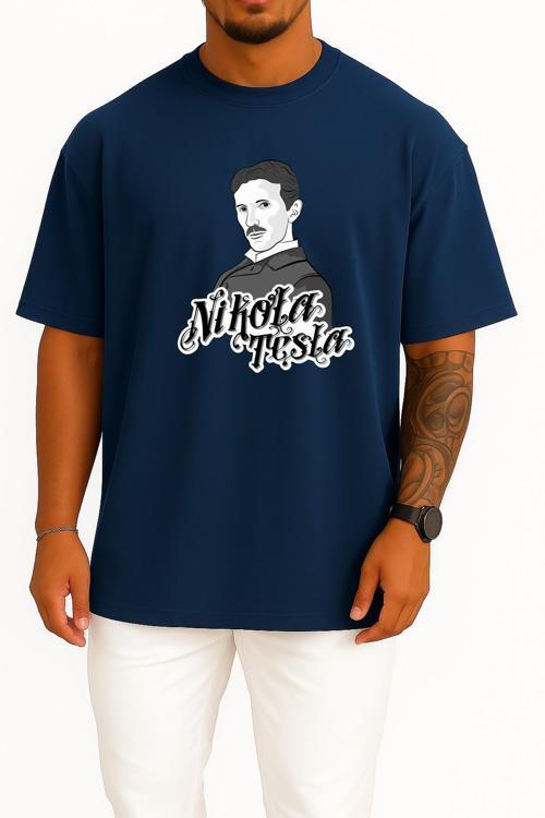 Oversize Nikola Tesla, Nikolas, Tesla, Energy Göğüs Tasarımlı Unisex T-Shirt